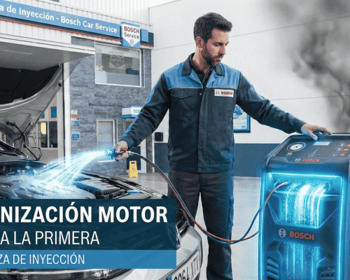 Mecánico realizando servicio de descarbonización de motor en el taller Bosch Car Service Andaluza de Inyección en Tomares para pasar la ITV y ahorrar combustible.